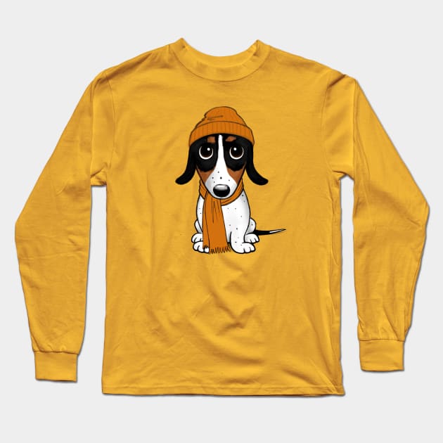 Piebald Dachshund - Cute Dog Wearing Beanie Cap Long Sleeve T-Shirt by Coffee Squirrel